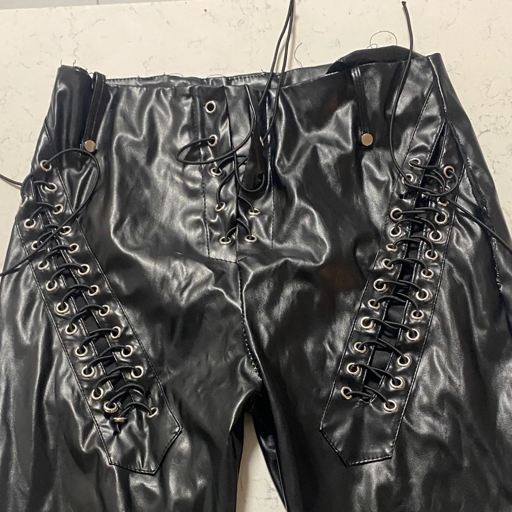 Black Lace-Up Leather Pants - Picture 4 of 5